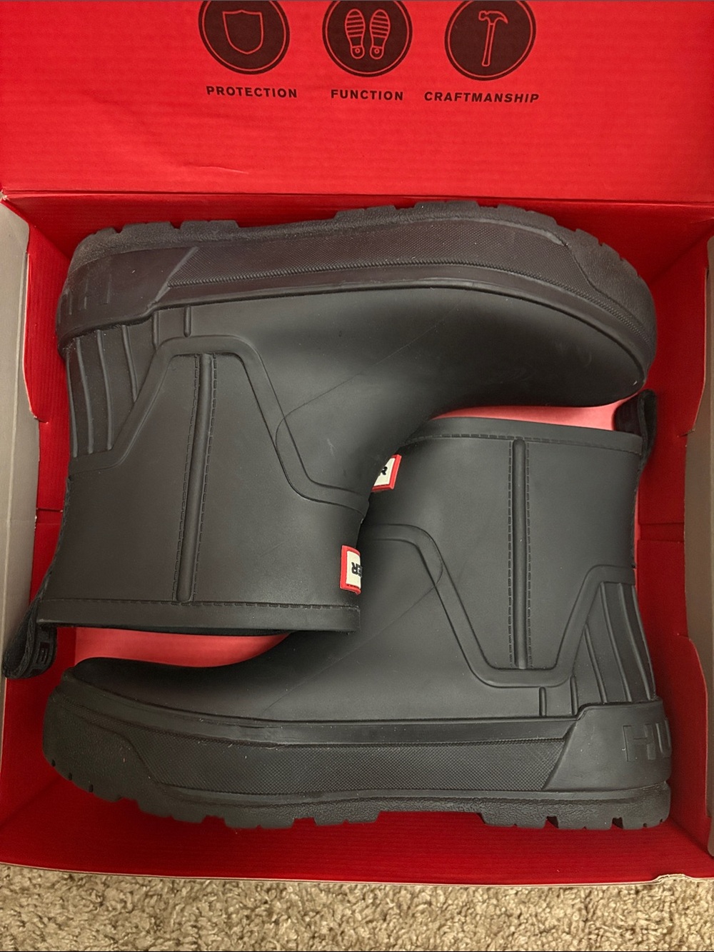 Hunter Black Short Rain Boots with Red Interior